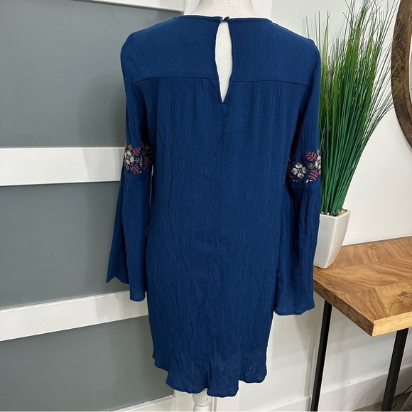 Blue Rain Crinkly Rayon Blend Dress Long Sleeves Embroidered Blue SZ Small Boho - Picture 9 of 9